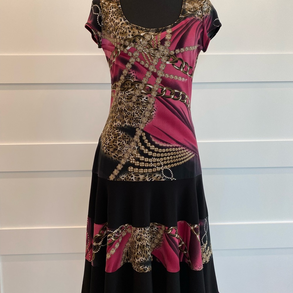 Joseph Ribkoff Black and Pink Asymmetrical Ruffled Midi Dress